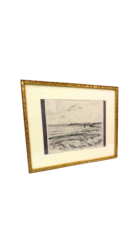 Marine View with Lighthouse — Ink by Gustave François Beaudelet (1893–1968)