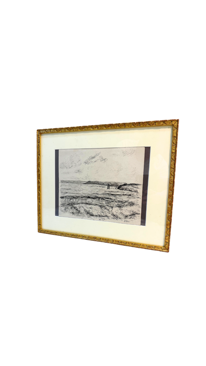 Marine View with Lighthouse — Ink by Gustave François Beaudelet (1893–1968)