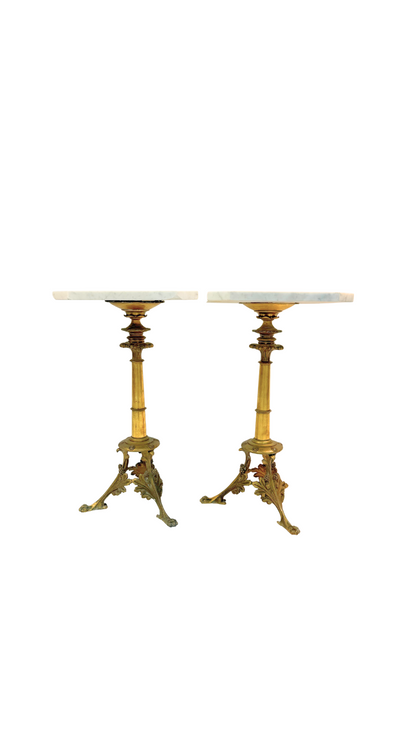 Pair of French Bistro Marble-Top Gueridons with Gilt Bases