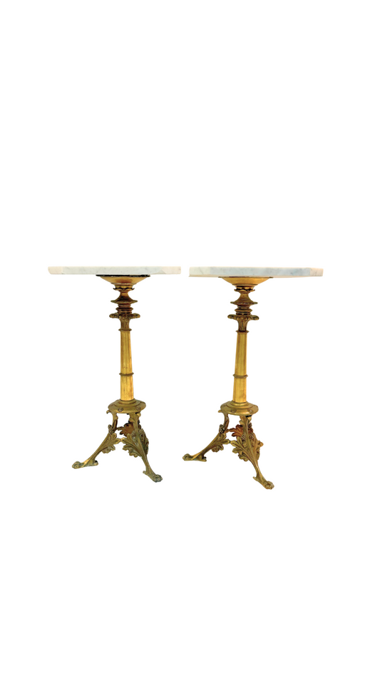 Pair of French Bistro Marble-Top Gueridons with Gilt Bases