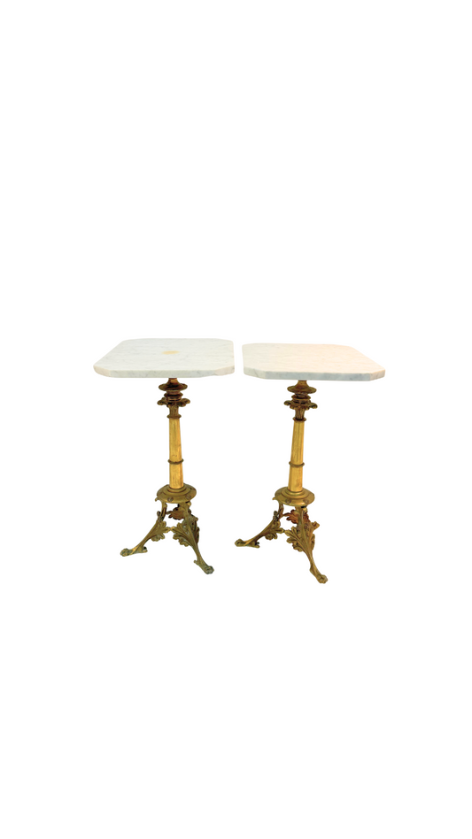 Pair of French Bistro Marble-Top Gueridons with Gilt Bases