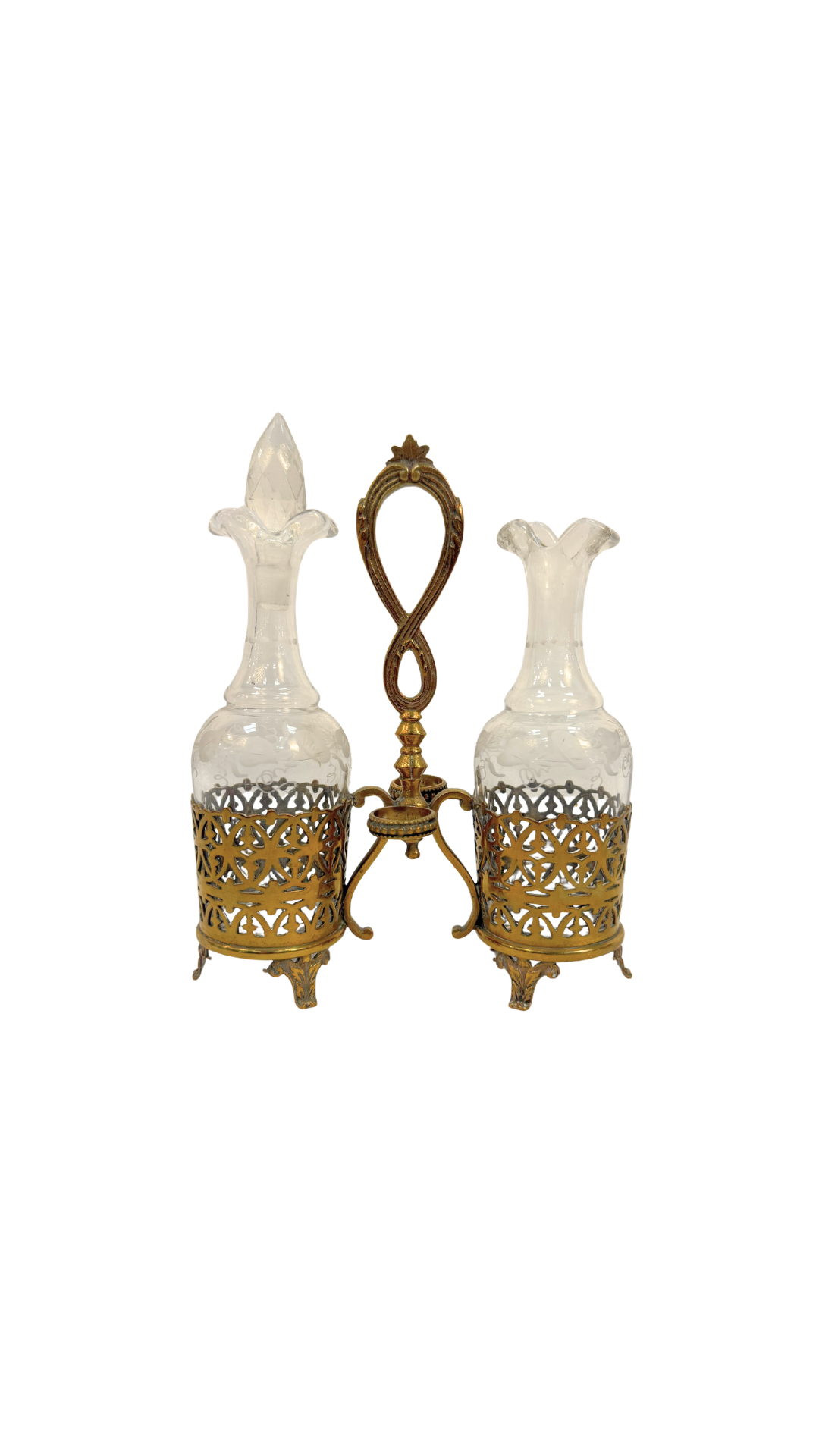 Etched Glass and Gilt Brass Cruet Set