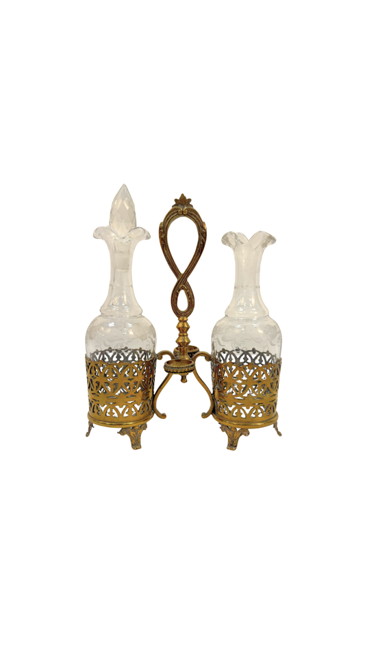 Etched Glass and Gilt Brass Cruet Set