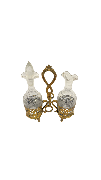 Etched Glass and Gilt Brass Cruet Set
