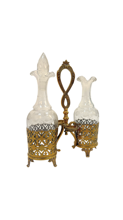 Etched Glass and Gilt Brass Cruet Set