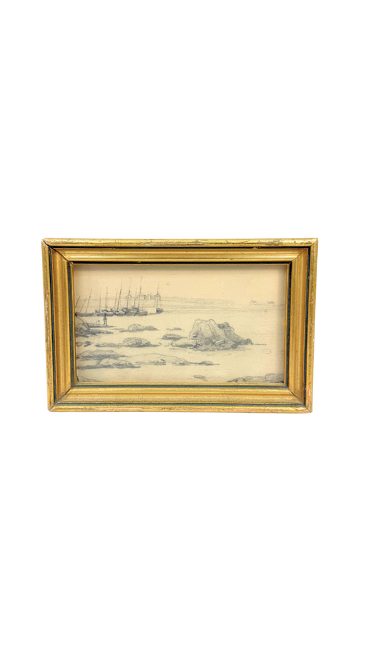 Antique French Pencil Drawing “Port Louis”