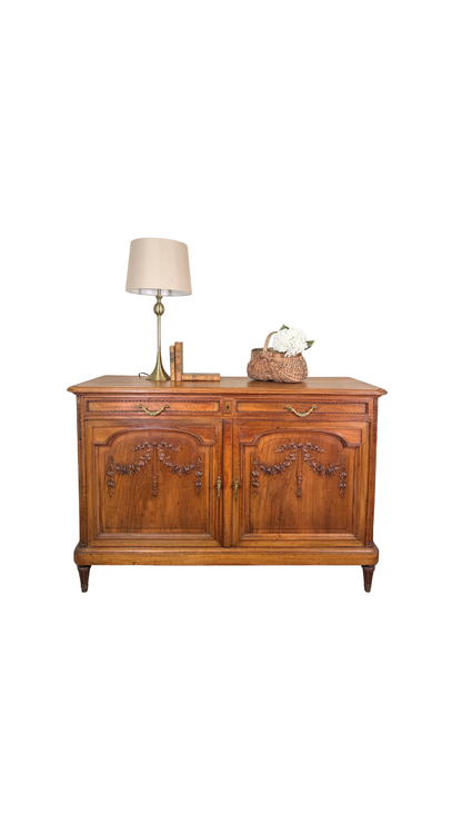 French Walnut Buffet with Carved Garland Doors