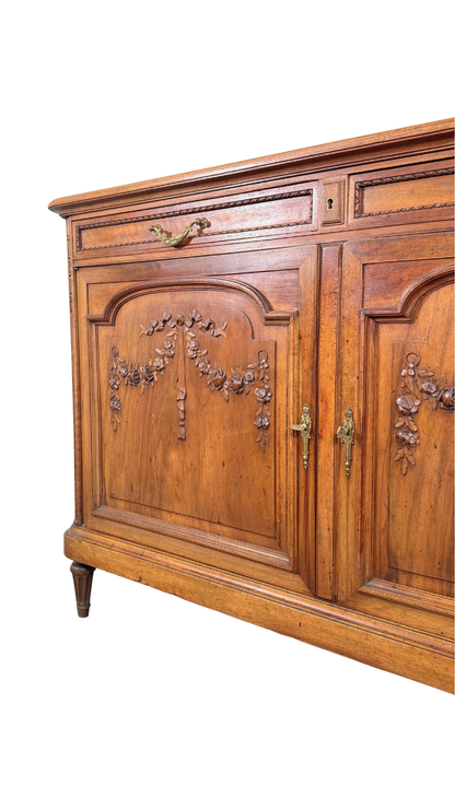 French Walnut Buffet with Carved Garland Doors