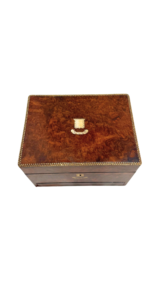 Antique French Burr Walnut Jewelry Box with Fitted Interior