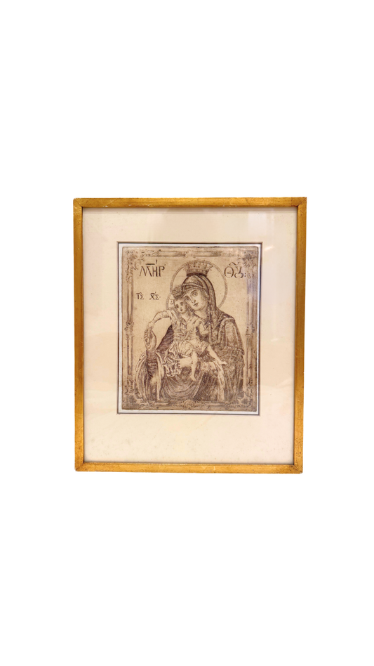 Antique Religious Etching of the Madonna and Child