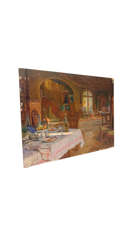 Signed Parisian Interior Scene Oil Painting