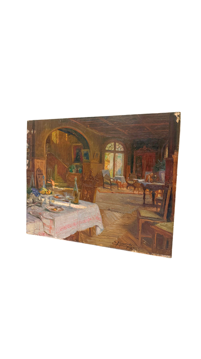 Signed Parisian Interior Scene Oil Painting