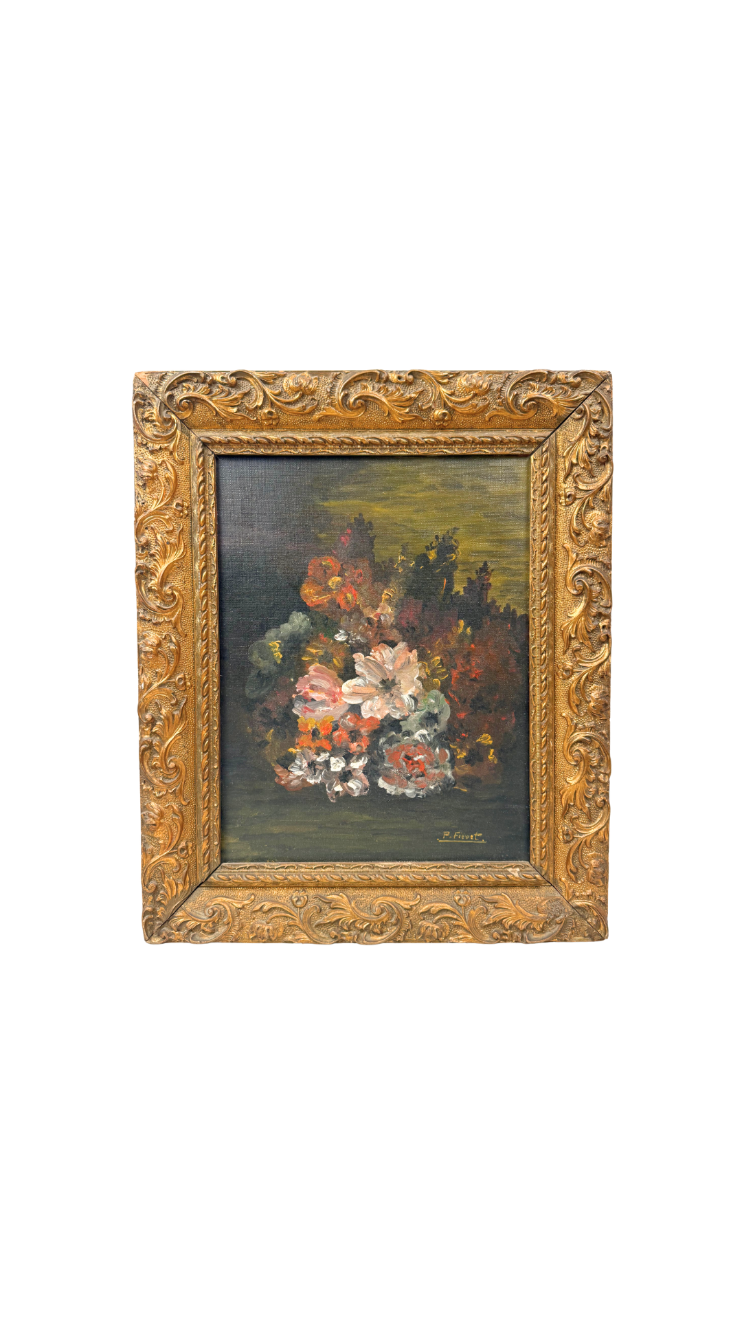 French Floral Still Life in Gilt Frame, Signed P. Fivet