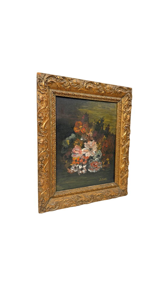 French Floral Still Life in Gilt Frame, Signed P. Fivet
