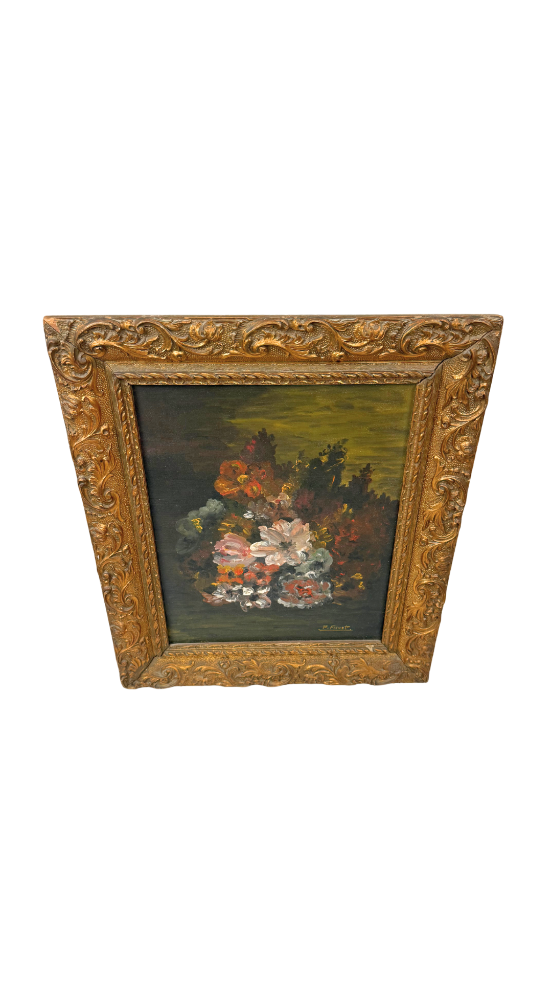 French Floral Still Life in Gilt Frame, Signed P. Fivet