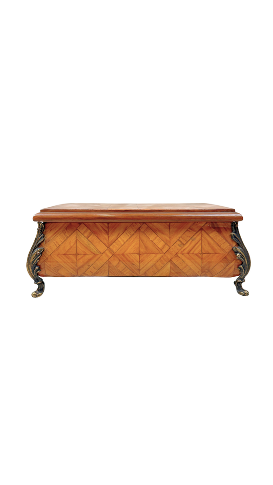 Vintage Parquetry Jewelry Casket with Brass Feet