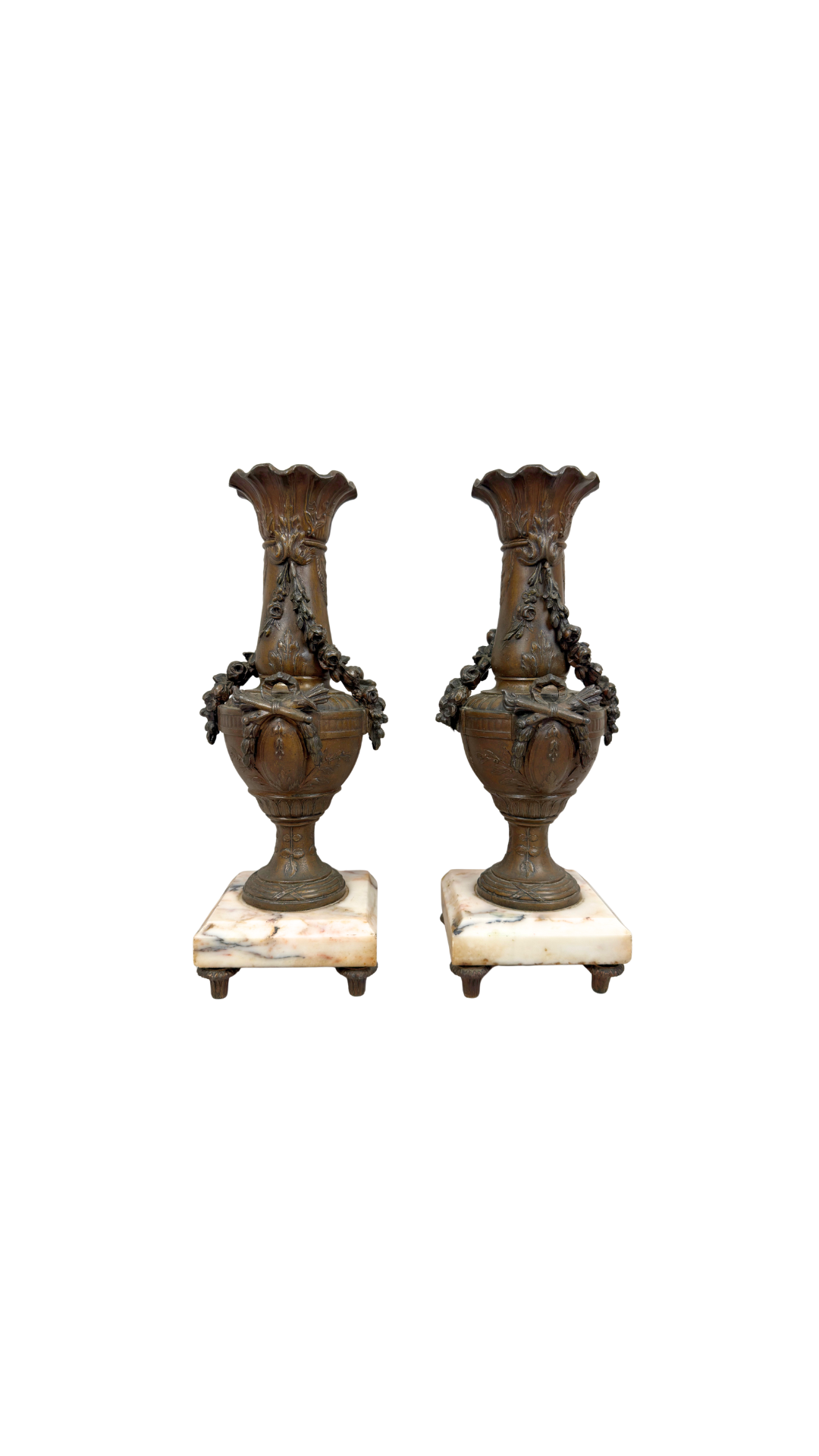 Pair of French Bronze Urn Vases on Marble Bases