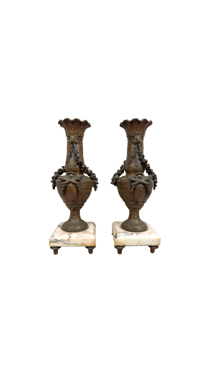 Pair of French Bronze Urn Vases on Marble Bases