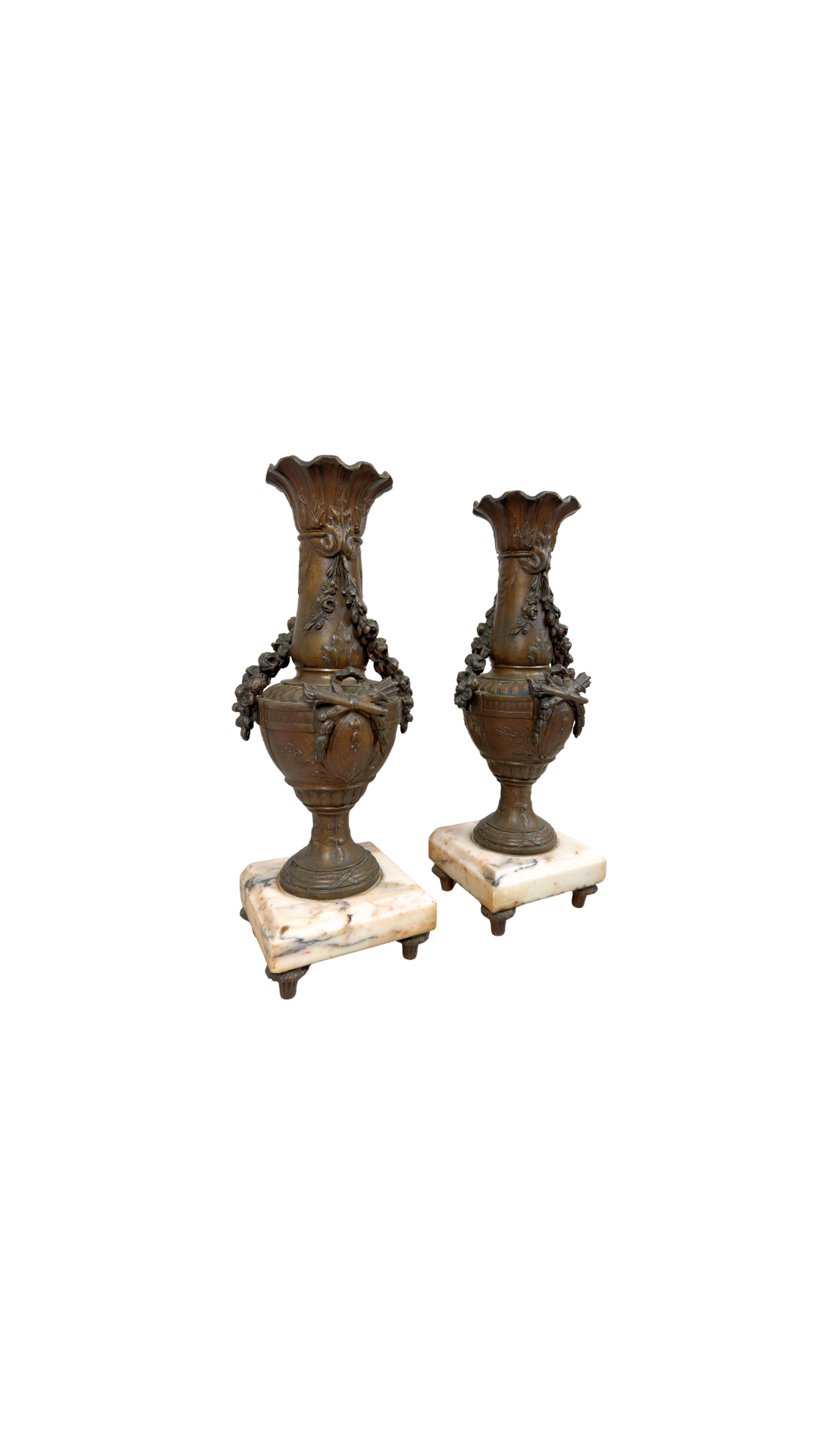 Pair of French Bronze Urn Vases on Marble Bases
