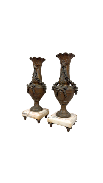 Pair of French Bronze Urn Vases on Marble Bases