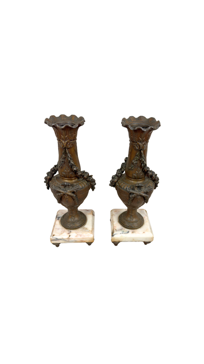 Pair of French Bronze Urn Vases on Marble Bases