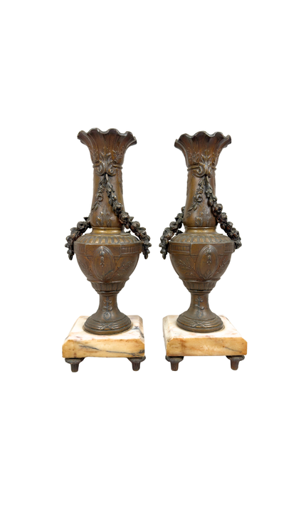 Pair of French Bronze Urn Vases on Marble Bases