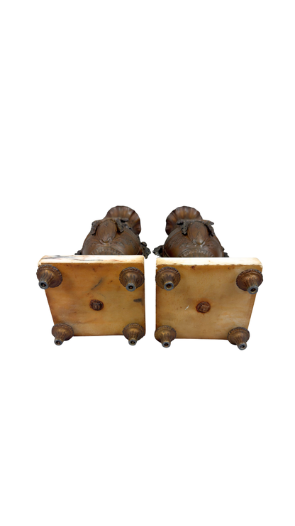 Pair of French Bronze Urn Vases on Marble Bases