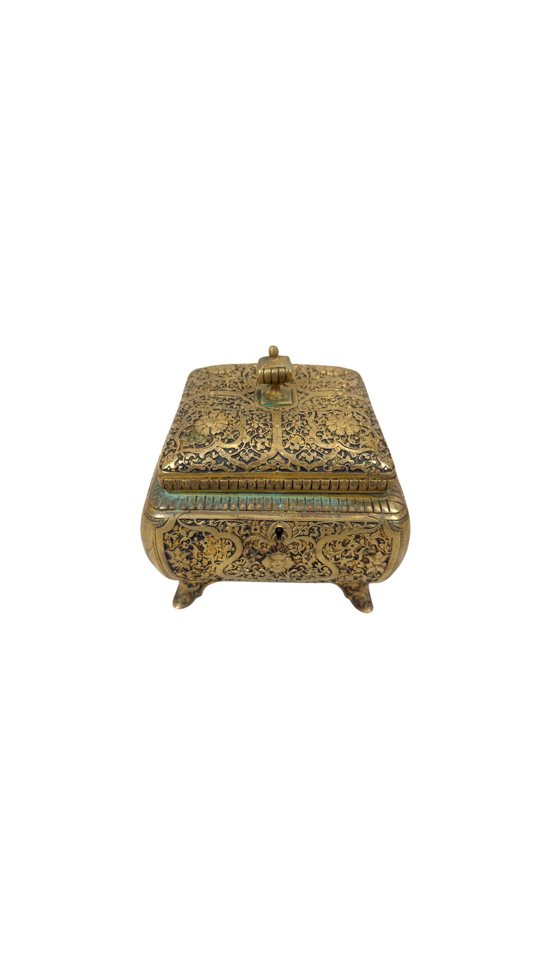 Antique French Gilt Jewelry Casket with Tufted Silk Interior