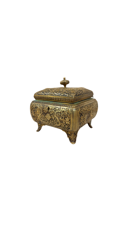 Antique French Gilt Jewelry Casket with Tufted Silk Interior