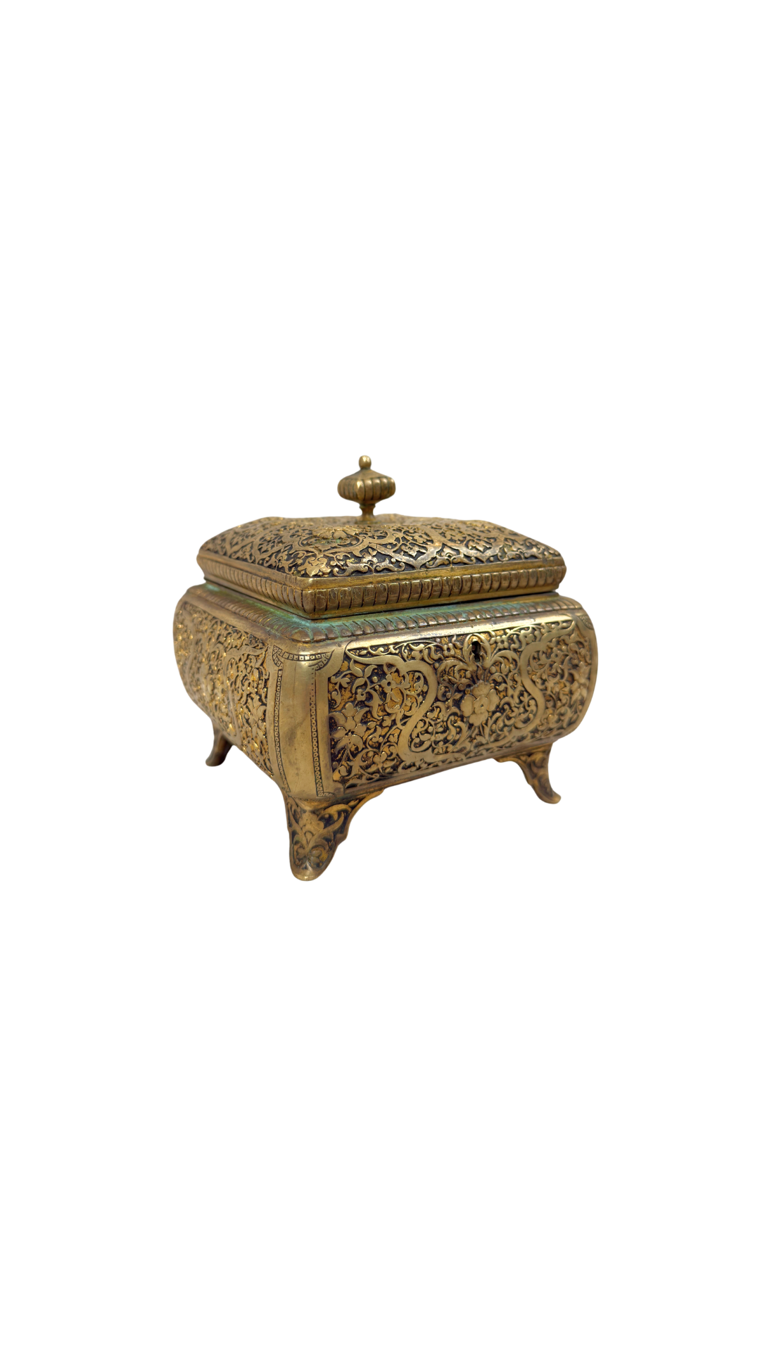 Antique French Gilt Jewelry Casket with Tufted Silk Interior