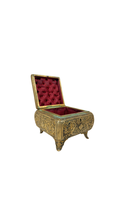 Antique French Gilt Jewelry Casket with Tufted Silk Interior