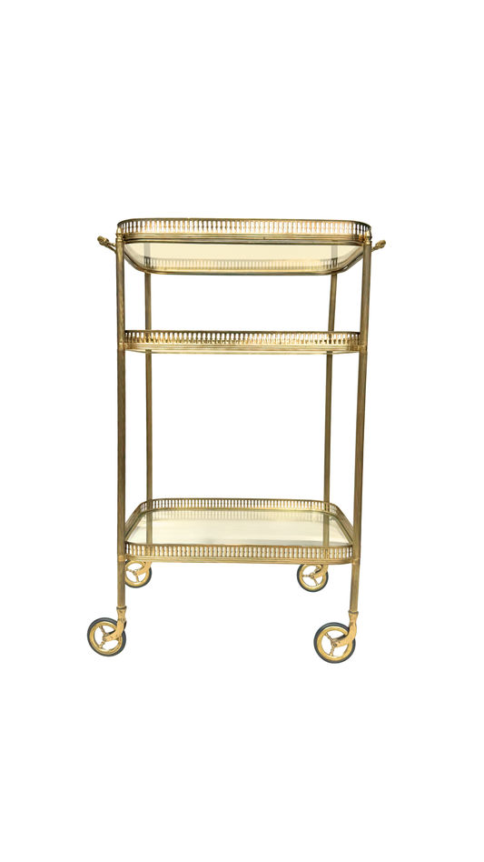 French Brass & Glass Three-Tier Bar Cart with Gallery Rail