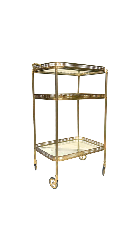 French Brass & Glass Three-Tier Bar Cart with Gallery Rail
