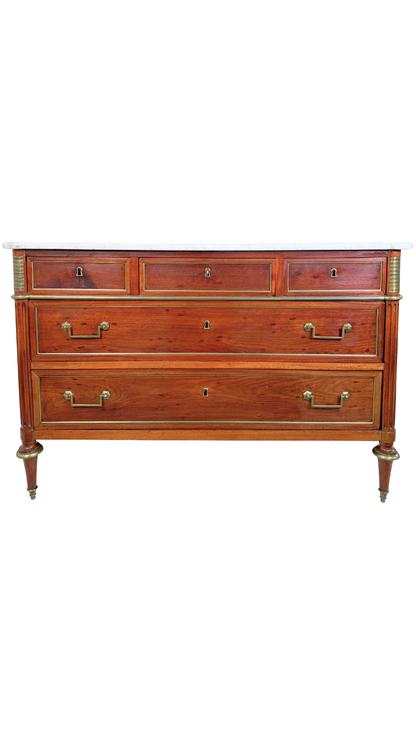 French Directoire Marble-Top Commode with Brass Inlay