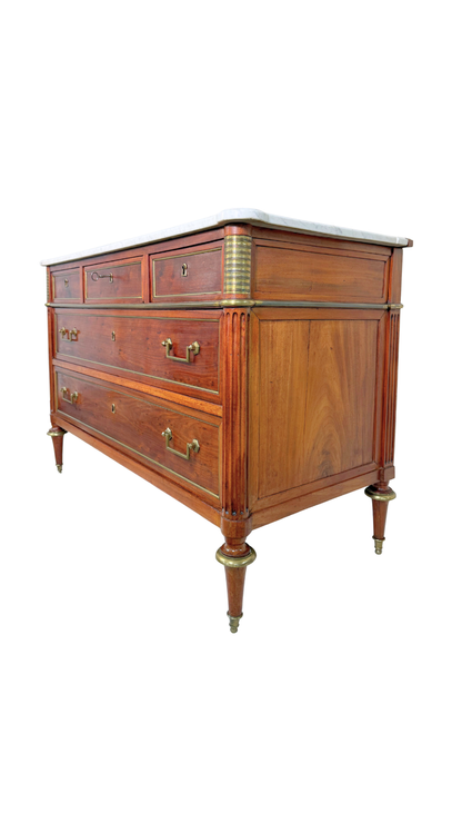 French Directoire Marble-Top Commode with Brass Inlay