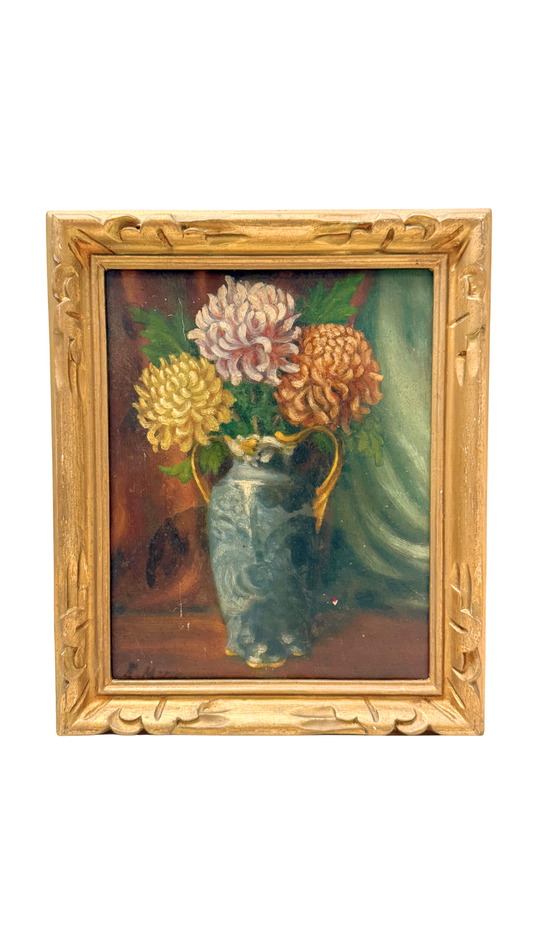 French Floral Oil Painting in Gilt Frame