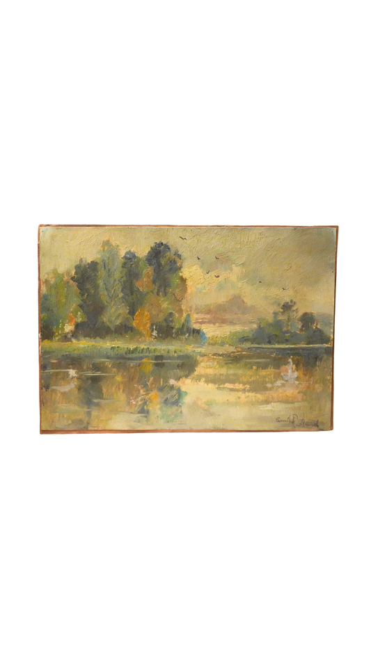 Signed French Impressionist River Landscape with Swan