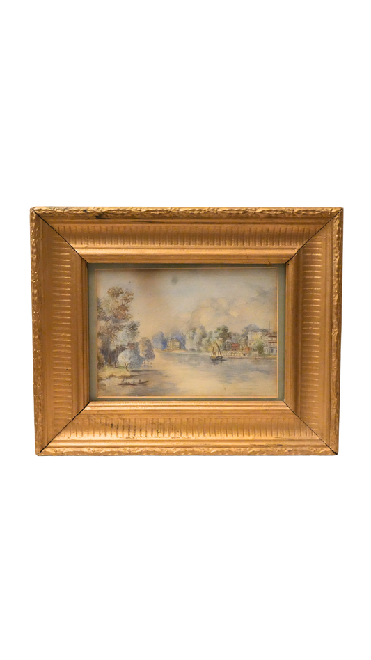 French River Landscape Watercolor in Gilt Frame