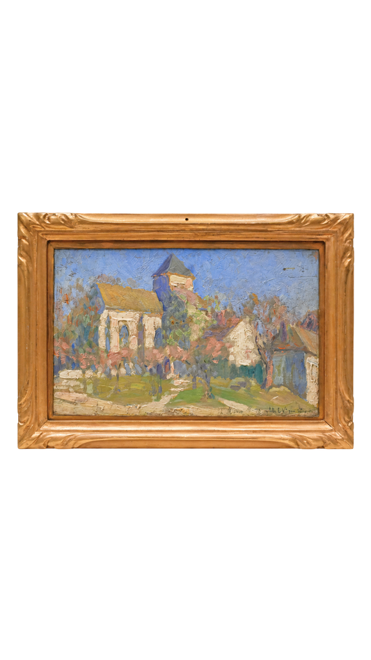 French Church Landscape Oil Painting in Gilt Frame