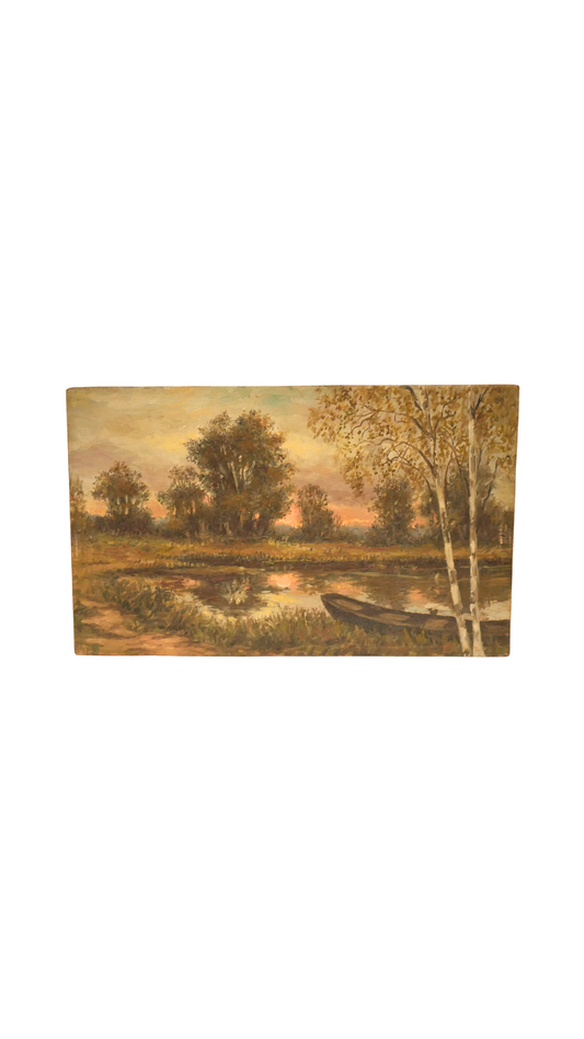 Landscape Panel Painting with River & Boat