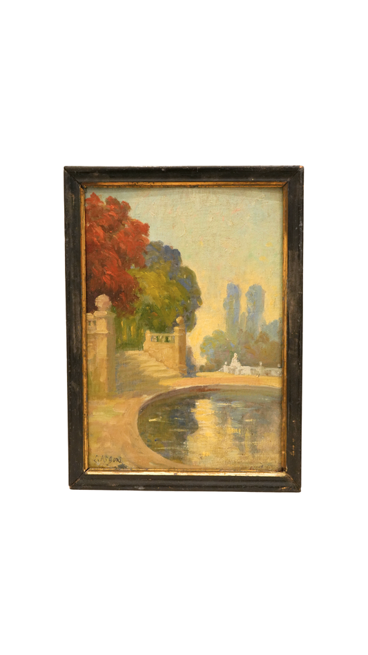 Antique French Garden Landscape Painting, Signed Gaston