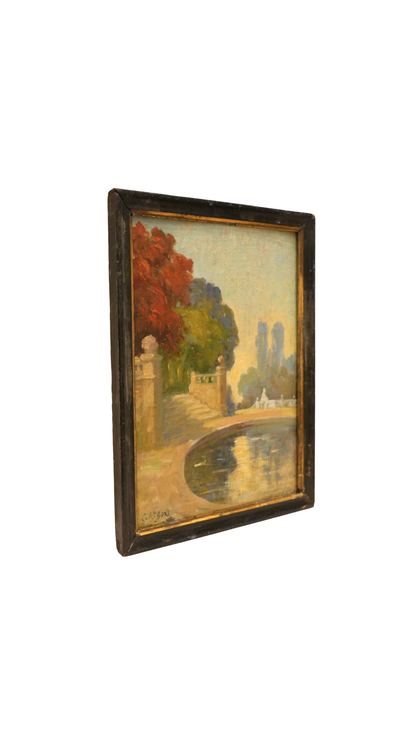 Antique French Garden Landscape Painting, Signed Gaston