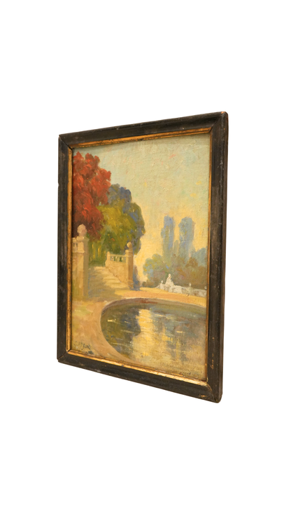Antique French Garden Landscape Painting, Signed Gaston