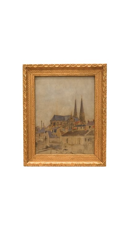 Antique French Church Painting of Saint-Jean-Baptiste de Belleville, Paris, 1890