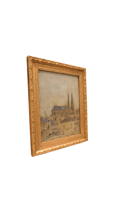 Antique French Church Painting of Saint-Jean-Baptiste de Belleville, Paris, 1890