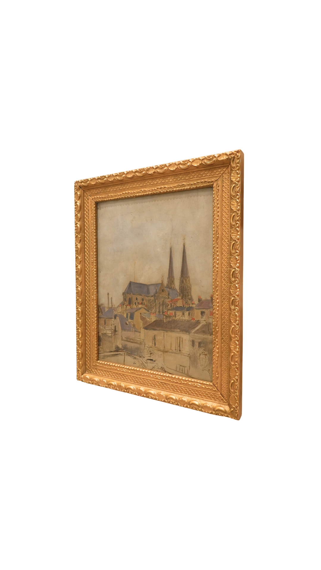 Antique French Church Painting of Saint-Jean-Baptiste de Belleville, Paris, 1890