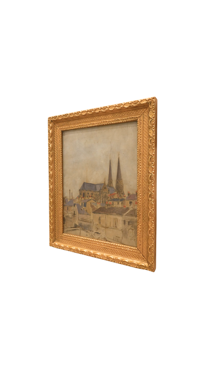 Antique French Church Painting of Saint-Jean-Baptiste de Belleville, Paris, 1890