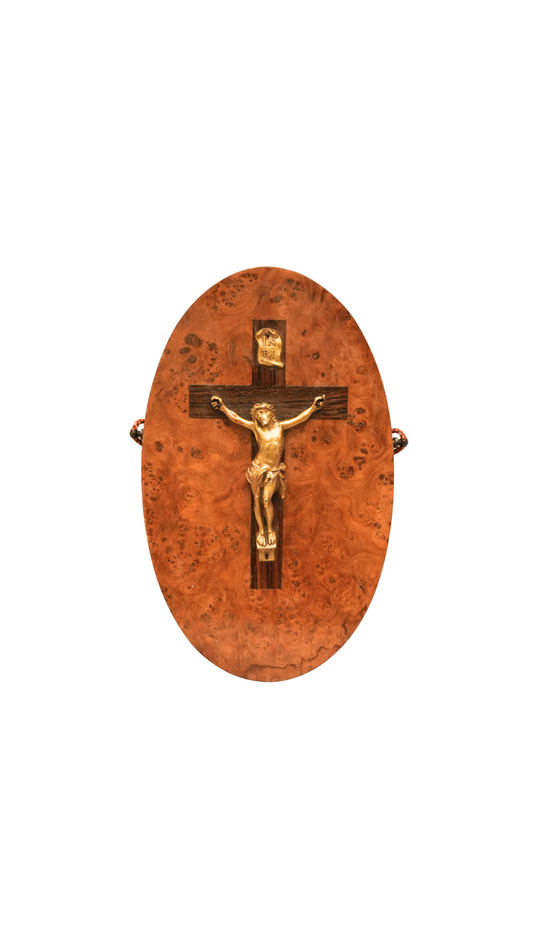 Antique French Burl Wood Crucifix Devotional Panel