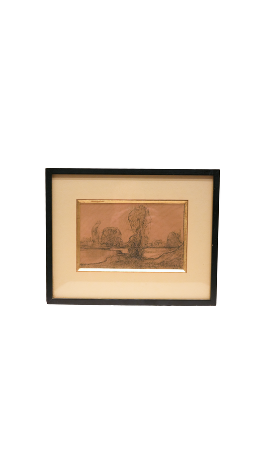 Antique French Charcoal Landscape Drawing in Ebonized Frame