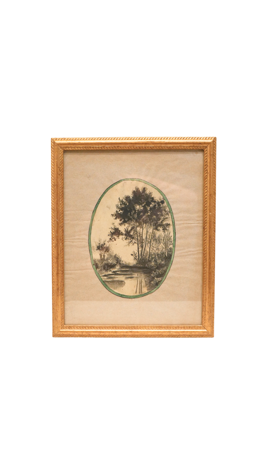 Antique French Oval Watercolor Landscape in Gilt Frame